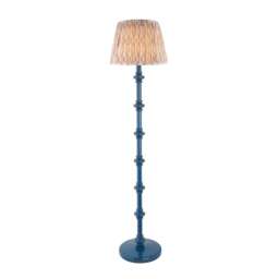 Carnaby Satin Marlin Blue Paint Floor Lamp with Neutral Print Fabric Ikat Shade 35cm B22