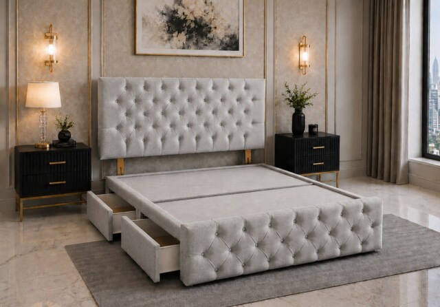 Brooklyn Divan Bed with Upholstered Headboard & Footboard Base - Small Double Silver Linen No Storage