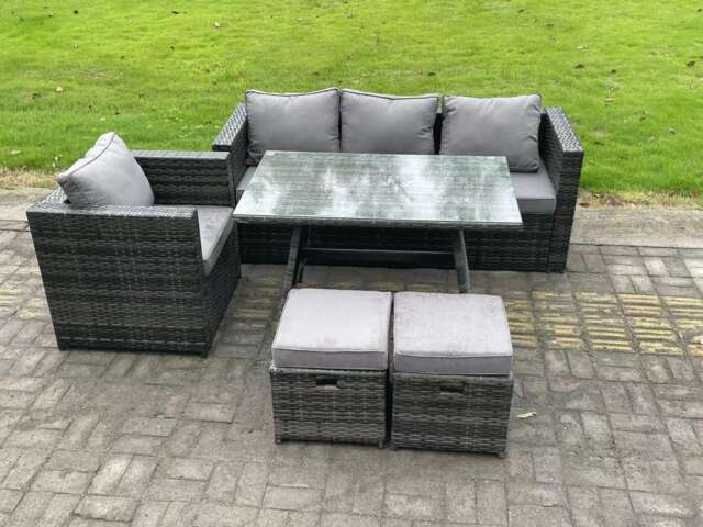 Fimous PE Rattan Outdoor Furniture Garden Dining Set with Oblong Dining Table Armchair 2 Small Footstools Dark Grey Mixed