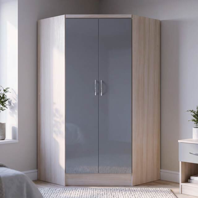 Nevada 2 Door Corner Wardrobe - Grey Gloss/Light Oak Effect Veneer