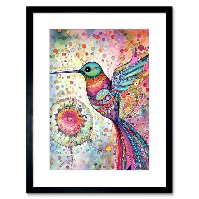 "Hummingbird Mandala Patterns Colourful Folk Art 9x7"" Black Framed Wall Art Print"