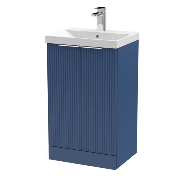 Balterley Tixall Fluted 2 Door Floor Standing Vanity Unit with Thin Edge Basin, Satin Blue, 500mm