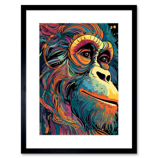 "Orangutan Ape Colourful Psychedelic Colours Rainforest 9x7"" Black Framed Wall Art Print"