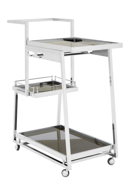 Orsina Durable 3 Tier Silver Finish Trolley, Elegant Garden Drinks Trolley For Parties, Steel Kitchen Trolley