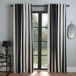 "OHS Stripe Print Thermal Blackout Eyelet Curtains, 66x72"" - Black/White"