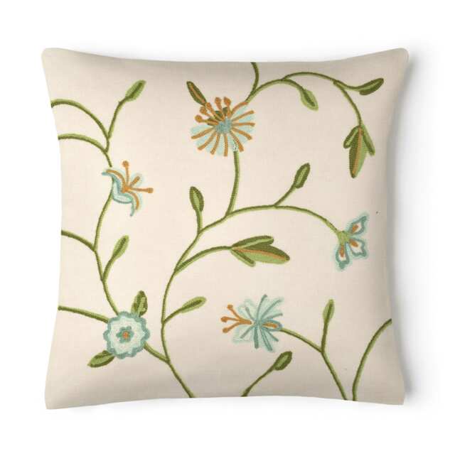 Floral Embroidered Cushion - 43cm x 43cm Green Duck Egg