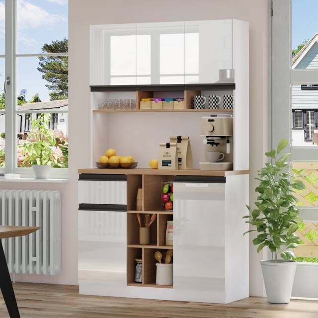 VILUXE 185 cm Tall Kitchen Pantry Cabinet with High-Gloss Doors, Drawers, Adjustable Shelves, Open Storage and Anti-Tip Kit, White