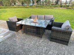 Fimous PE Wicker 5 Seater Rattan Garden Furniture Gas Fire Pit Table Gas Heater Sets Lounge Sofa Set With Chair Clear Tempered Glass