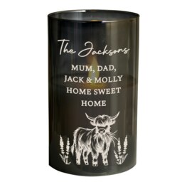 Personalised Highland Cow Glass LED Candle White