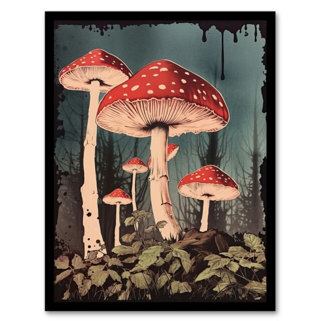 Vintage Fly Agaric Fairy Mushroom Toadstool Black Framed Wall Art Print A4