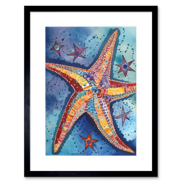 "Modern Folk Art Starfish Bathroom 9x7"" Black Framed Wall Art Print"
