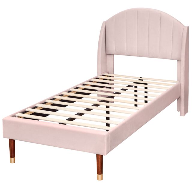 Abrihome 3ft Single Upholstered Bed, Pink Velvet with Tufted Headboard and Wooden Slatted Support, Easy Assembly, 90×190cm