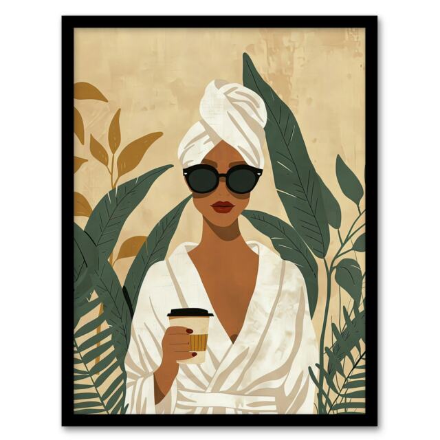 Plant Coffee Lover Self Care Spa Day Bathroom Kitchen Black Framed Wall Art Print A4