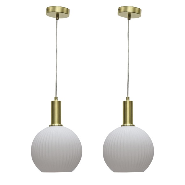 Set of 2 Betchley - White Ribbed Glass Globe Satin Brass Deco Pendants