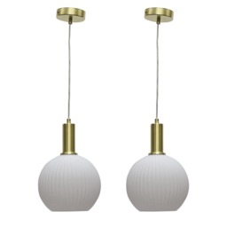 Set of 2 Betchley - White Ribbed Glass Globe Satin Brass Deco Pendants