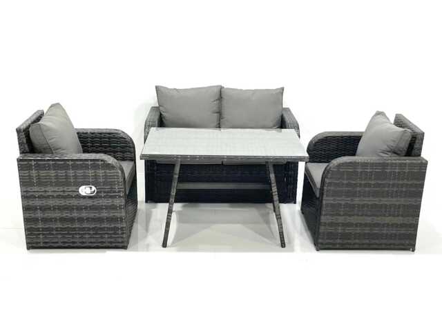 Fimous Outdoor Garden Furniture Set Rattan Sofa Dining Table Set with Reclining Chair Dark Grey Mixed