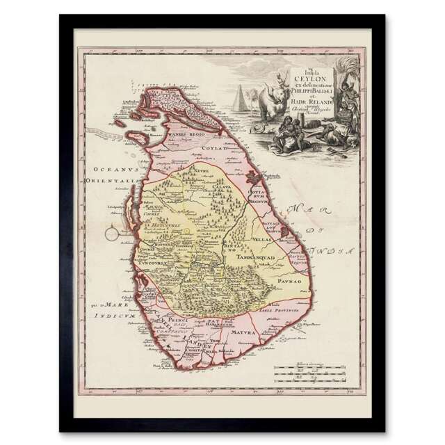 "Balda Relandi Map Ceylon Sri Lanka Only 12x16"" Framed Wall Art Print"