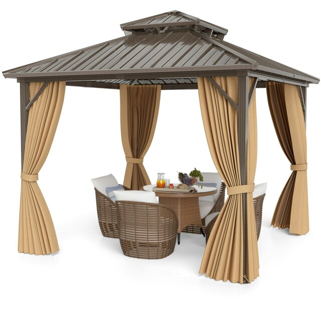 COSTWAY 290 x 290 cm Hardtop Gazebo Outdoor Pergola w/Netting