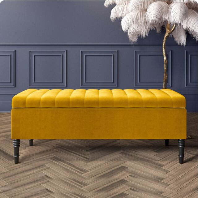 137cm Paris Striped Ottoman Storage Bench- Plush Velvet Shoe Bench - Mustard Gold Upholstery Footstool with Storage