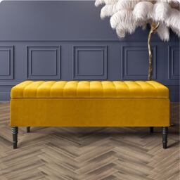 137cm Paris Striped Ottoman Storage Bench- Plush Velvet Shoe Bench - Mustard Gold Upholstery Footstool with Storage