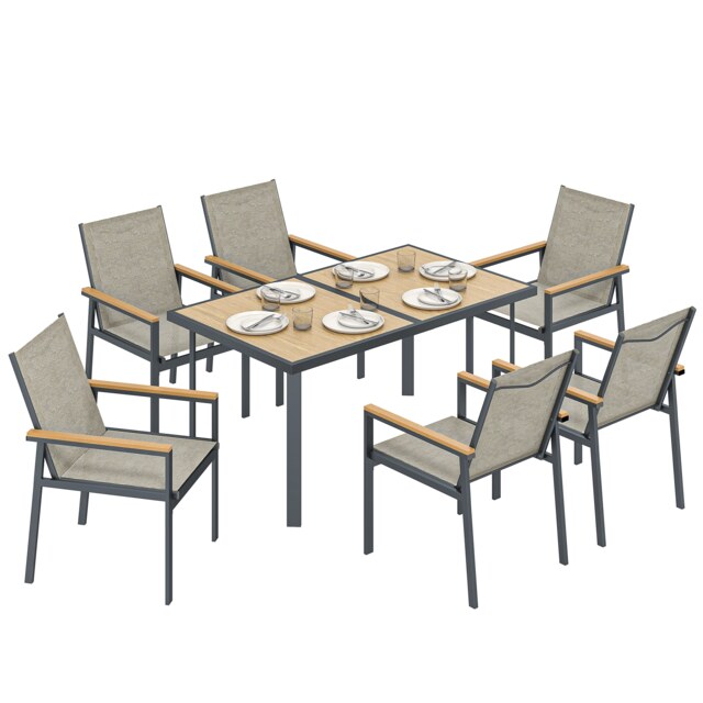 Outsunny 7 Piece Garden Dining Set, Outdoor Table and 6 Chairs, Khaki Brown Khaki, teak armrest, brown glass Table: 150 x 88 x 72 cm Chairs: 56 x 65 x 82 cm