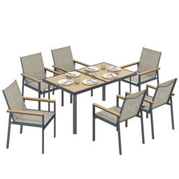 Outsunny 7 Piece Garden Dining Set, Outdoor Table and 6 Chairs, Khaki Brown Khaki, teak armrest, brown glass Table: 150 x 88 x 72 cm Chairs: 56 x 65 x 82 cm