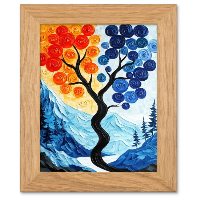 Autumn To Winter Tree Folk Mountain Landscape Art Oak Wood Framed Wall Print