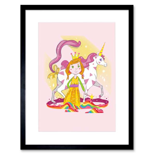 "Unicorn Princess Pink Magic Cartoon Girl Kids Bedroom 9x7"" Black Framed Wall Art Print"