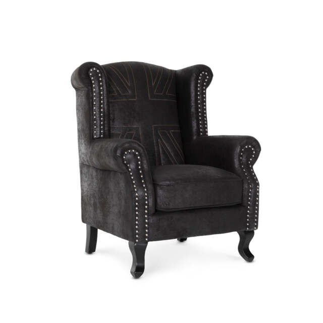 Faux Leather Suede Black Britannia Wing Back Chair with Union Jack Flag