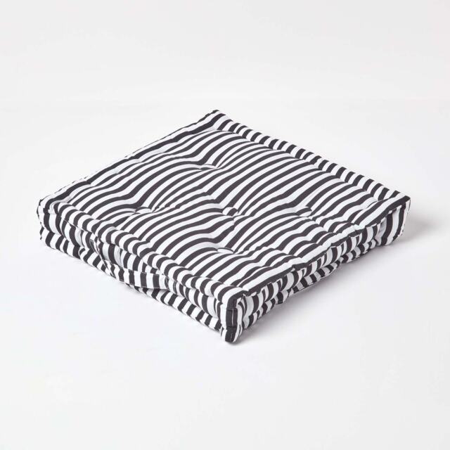 Homescapes Cotton Black Thin Stripe Floor Cushion - 50 x 50 cm Black 50 x 50 cm