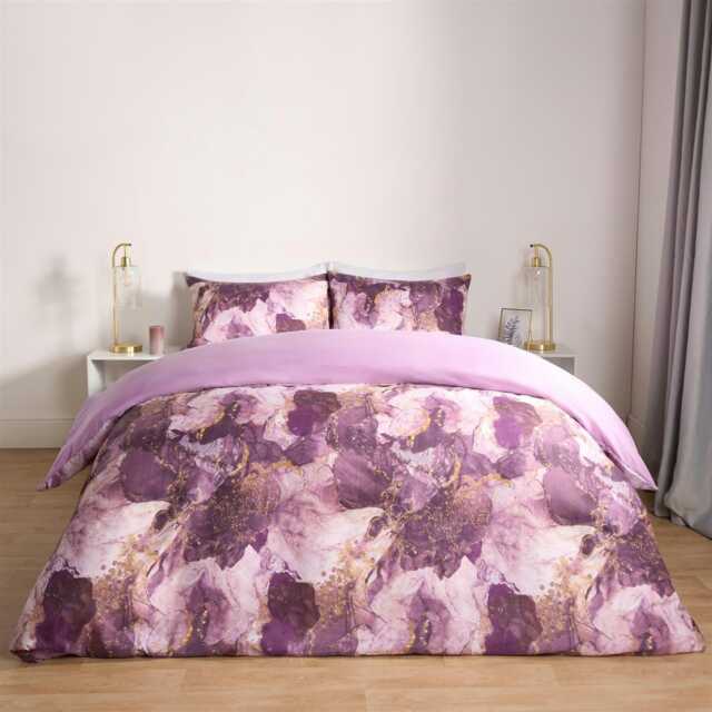 OHS Marble Print Duvet Quilt Cover Bedding Set, Double - Purple
