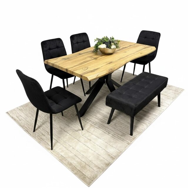 Dining Set with 4 Black Velvet Chairs and 1 Black Bench Dining Room Furniture