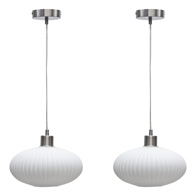 Set of 2 Baton - White Ribbed Oval Glass with Satin Nickel Pendants White White ribbed glass with satin nickel plate detail Small 2
