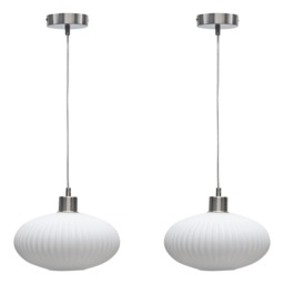 Set of 2 Baton - White Ribbed Oval Glass with Satin Nickel Pendants White White ribbed glass with satin nickel plate detail Small 2
