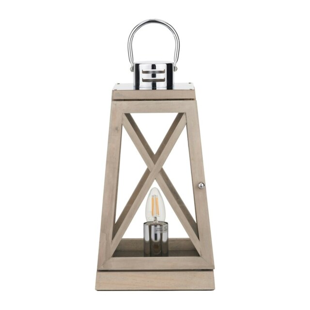 Grey Wood and Chrome Lantern Table Lamp