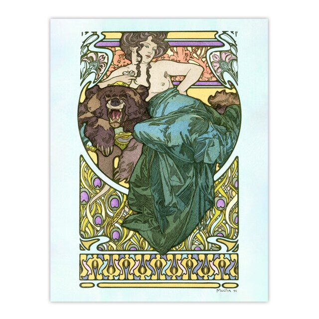 "Woman Reclining on a Bearskin French Vintage Wall Art Print Mucha 24x32"""
