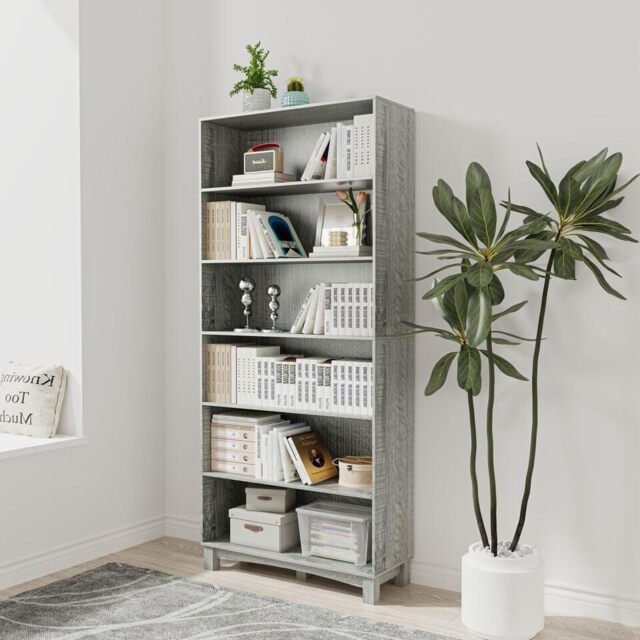 Wide Shelf Tier Wooden Bookcase Shelving Modern Open Display Storage Cabinet Grey Ash Grey 6 Tier Wide 1