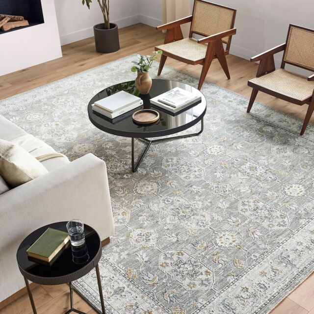 LIVABLISS Dresden-Vintage Traditional Boho Fringe Rug 200 x 290 cm Grey Yellow Blue