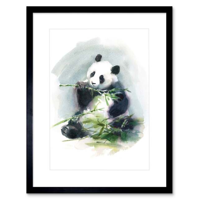 "Panda Bear Eating Bamboo Leaves Animal Watercolour 9x7"" Black Framed Wall Art Print"
