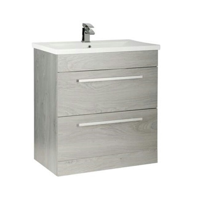 Bathroom 2-Drawer Floor Standing Vanity Unit with Mid Depth Ceramic Basin 800mm Wide - Silver Oak - Brassware Not Included Brown Brown 1
