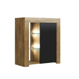 Sideboard 75cm – Oak Matt Body & Black Matt Door – Modern Cabinet with Glass Shelves and LED Brown Brown Black