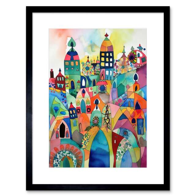 "Cityscape Abstract Folk Art Watercolour 9x7"" Black Framed Wall Art Print"