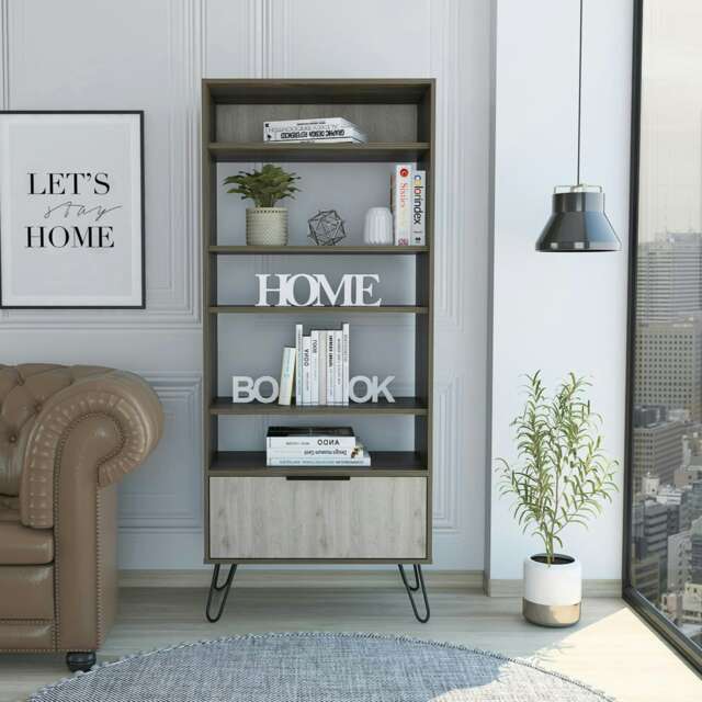 Nevada Large Four Shelf Display Bookcase With Storage - Grey and Bleached Oak Effect with Industrial Metal Accents Brown Grey & Bleached Oak One Size 1