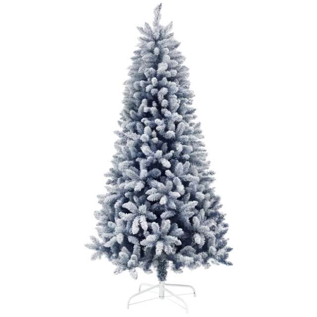 HOMCOM 6ft Flocked Artificial Christmas Tree with 700 Snow Frosted Tips, Metal Stand, Snowy Hinged mas Tree, Blue