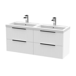 Balterley Fluted Front Wall Hung 4-Drawer Bathroom Vanity Unit with Double Basin, Handles White Satin White