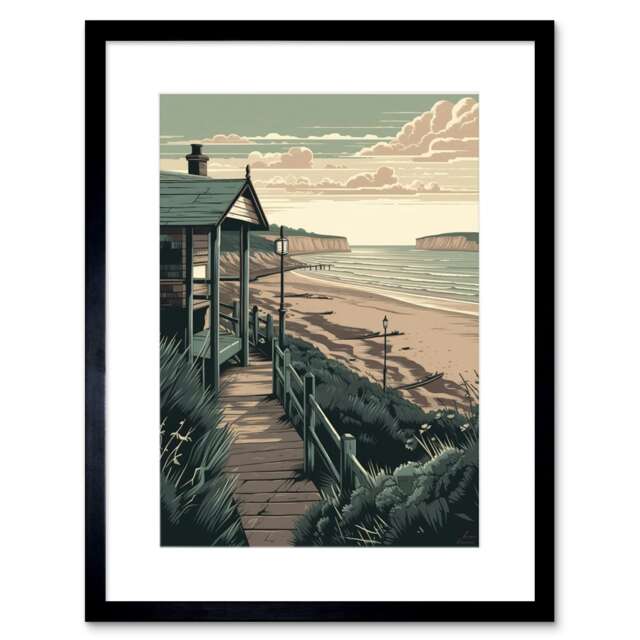 "Summer Beach House Coastal Landscape 9x7"" Black Framed Wall Art Print"