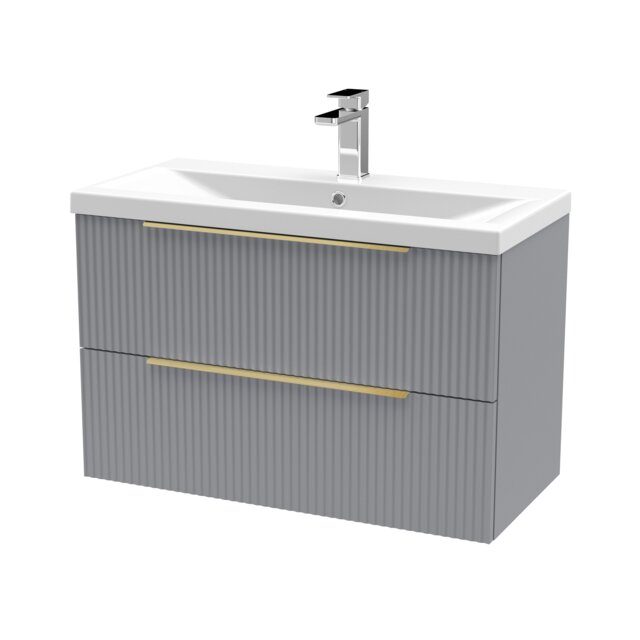 Balterley Fluted Front Wall Hung 2-Drawer Bathroom Vanity Unit with 1 Tap Hole Basin, Handles Grey Satin Grey