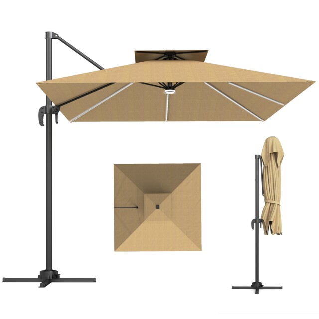 Outsunny 2.5m Cantilever Parasol with Solar Powered LED Lights, Double Top Square Overhanging Garden Parasol with 360 Rotation, Tilt Adjustment, Crank Handle, Khaki Brown