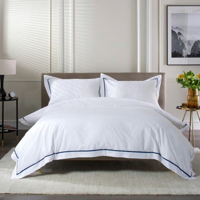 Hampstead 100% Cotton Duvet Cover Set – 200 Thread Count with Inserted Ribbon & Oxford Pillowcases Blue White King