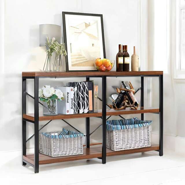 Industrial 3 Tier Rustic Console Table With Metal Frame Brown